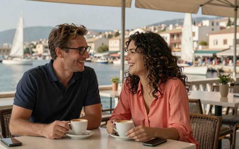 International couple enjoying coffee at a Mediterranean cafe terrace - international dating for marriage lifestyle