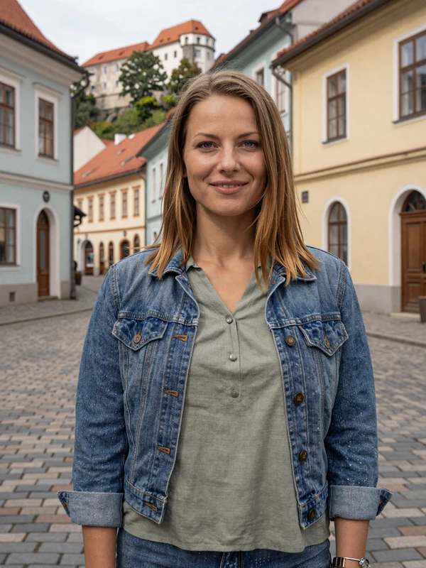 Slovenian woman in casual linen blouse on a cobblestone street in Ljubljana old town, representing Slovenian singles on our dating platform