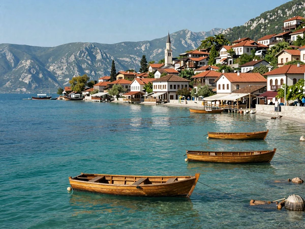 Lake Ohrid panorama with traditional boats and old town - romantic destination in North Macedonia for couples