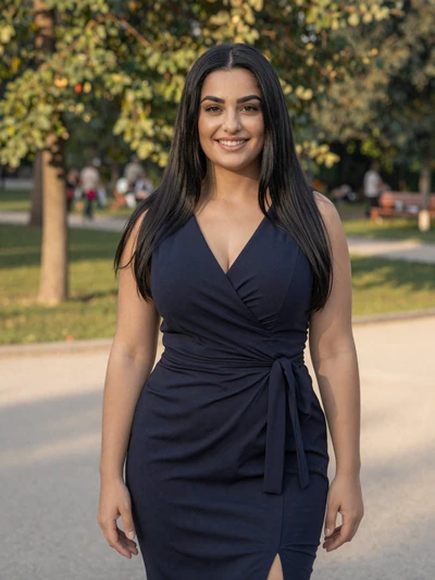 Emina, 31, Bosnian single from Banja Luka in elegant navy dress in a city park