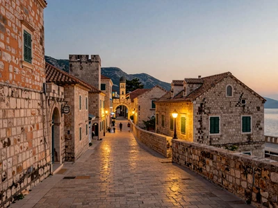 Budva Old Town citadel at evening with cobblestone streets and Adriatic views
