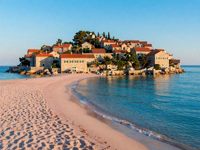 Sveti Stefan island resort in Montenegro with pink beach and turquoise Adriatic water
