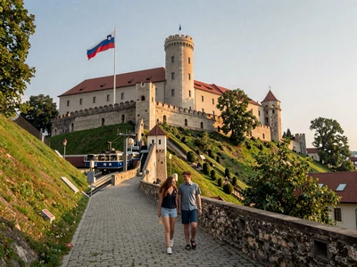 Ljubljana Castle on green hill with funicular, romantic Slovenian dating destination