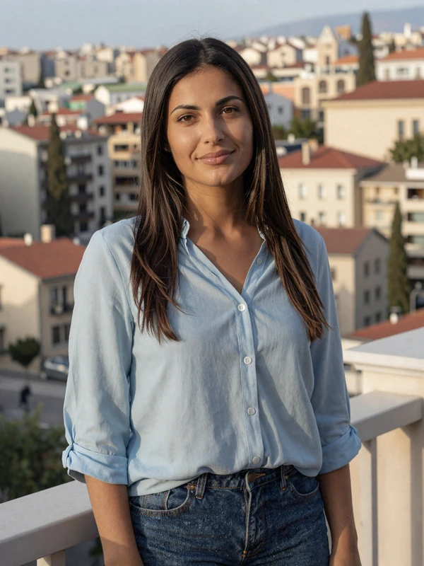 Albanian woman in casual blue blouse on a Tirana balcony, representing Albanian singles on our dating platform
