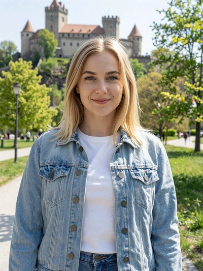 Tina, 25, Slovenian woman from Celje in denim jacket with medieval castle in background