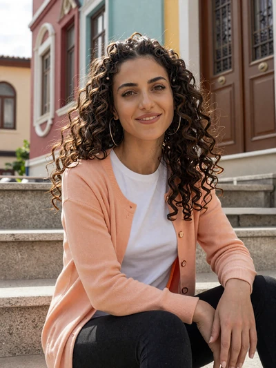 Hana, 28, Albanian single from Tirana sitting near colorful buildings