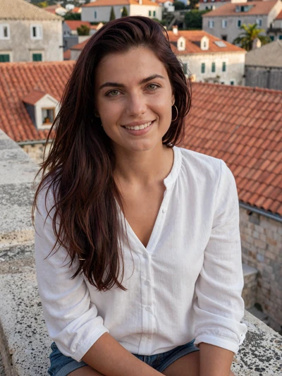 Petra, 25, Croatian woman from Dubrovnik on old town stone steps in white blouse