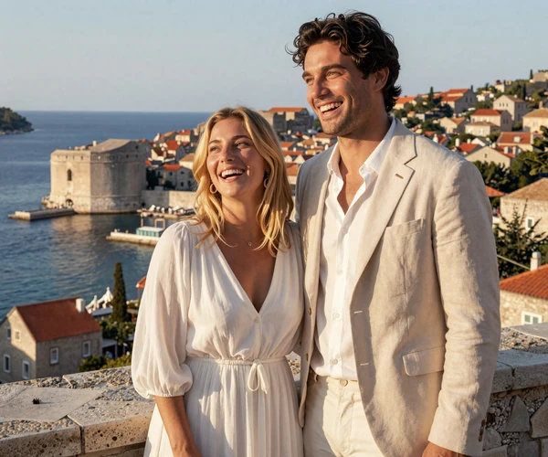 Ivan and Petra laughing together on a Dubrovnik terrace overlooking the Adriatic - Croatian heritage love story