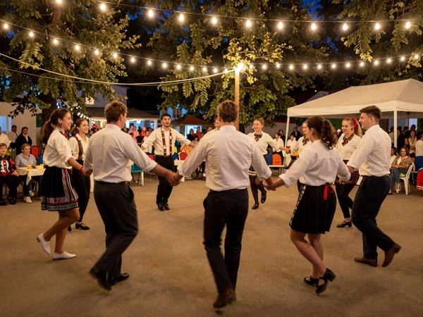 Traditional kolo circle dance at a Balkan wedding celebration - Croatian wedding tradition with folk music