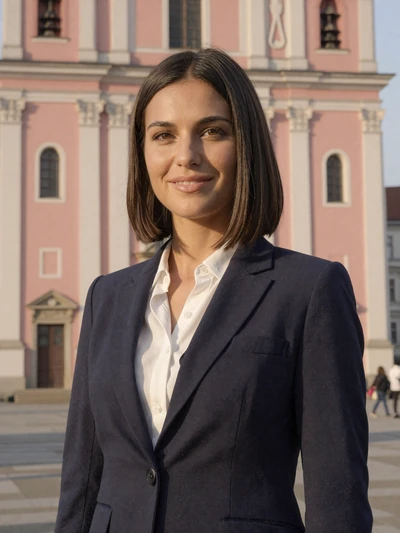 Sara, 30, Slovenian woman from Ljubljana in navy blazer at Prešeren Square