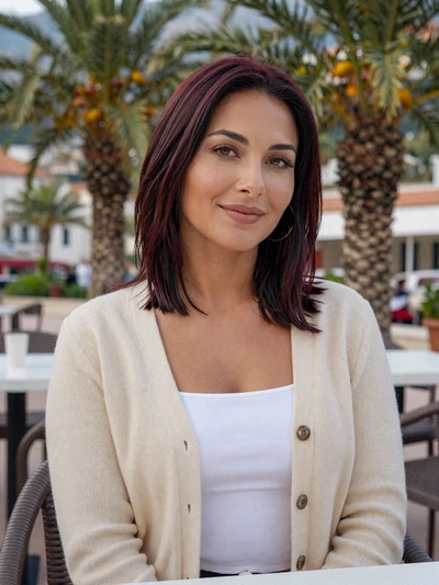 Elena, 31, Montenegrin single from Herceg Novi at outdoor cafe with palm trees
