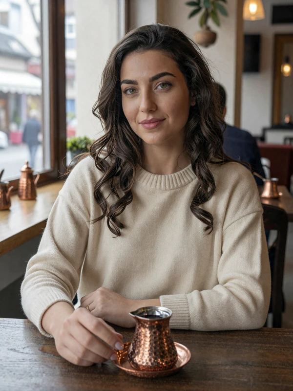 Bosnian woman in a cozy Sarajevo cafe with traditional copper coffee set, representing Bosnian singles on our dating platform