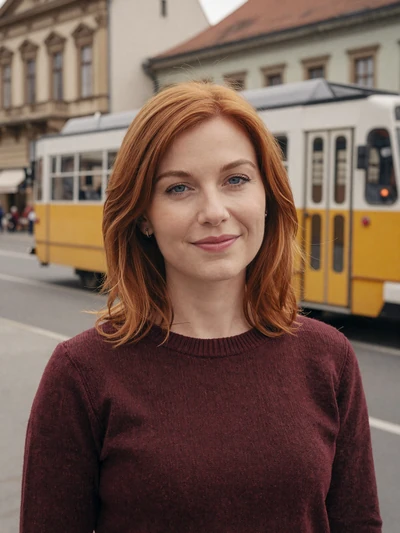 Tea, 30, Croatian woman from Zagreb on a city street in burgundy sweater with tram behind