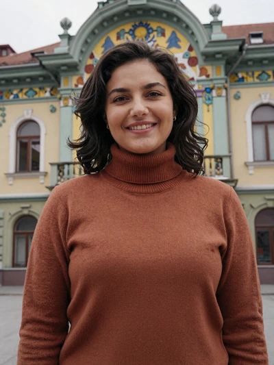 Nevena, 29, Serbian single from Subotica in front of colorful Art Nouveau buildings