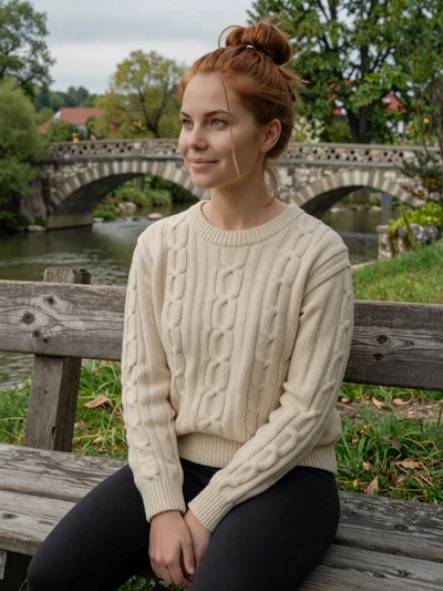 Maja, 28, Slovenian single from Novo Mesto in cream sweater by the Krka river