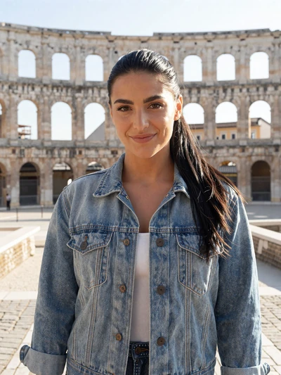 Nikolina, 28, Croatian single from Pula near the Roman amphitheater in denim jacket