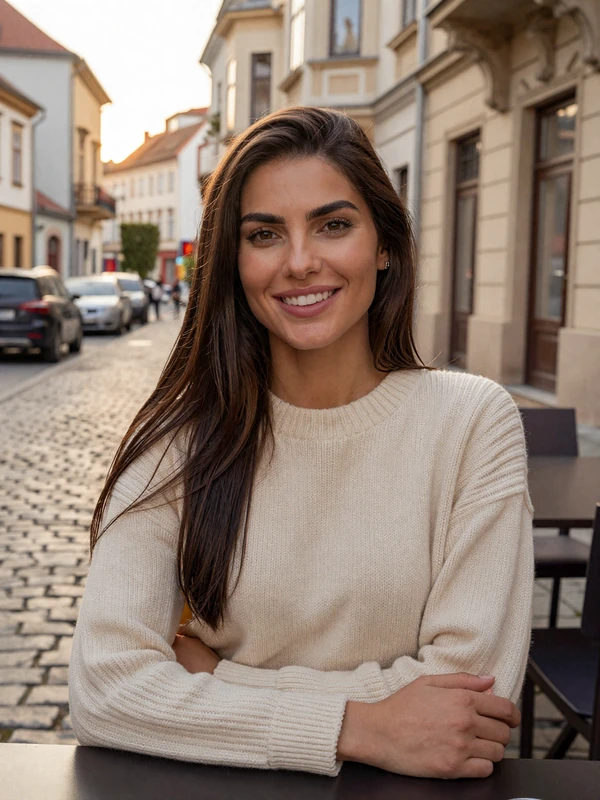 Serbian woman in cream sweater at a Belgrade café, representing Serbian singles on our dating platform
