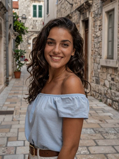 Valentina, 24, Croatian single from Šibenik in old town stone street wearing light blue top