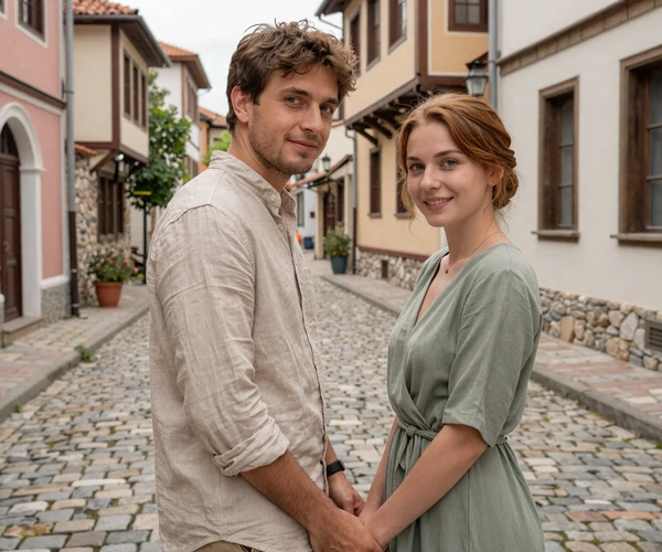 Dimitar and Elena holding hands in old town Skopje - Bulgarian-Macedonian cross-cultural dating success