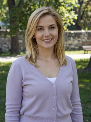 Gordana, 26, Macedonian woman from Prilep in a sunlit park with stone wall
