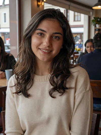 Arta, 25, Albanian woman from Tirana wearing cream sweater in a cozy cafe