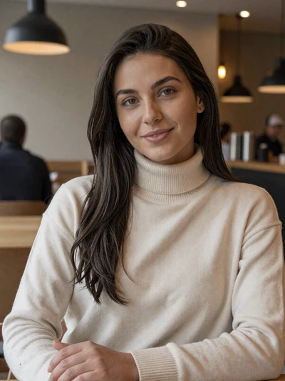 Ana, 27, Croatian woman from Zagreb sitting in a cozy café wearing cream sweater