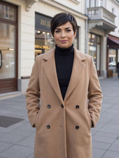 Andjela, 31, Serbian single on Knez Mihailova street in Belgrade wearing a camel coat