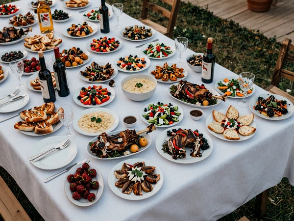Traditional Balkan wedding feast table with roasted lamb and rakija - Albanian wedding customs celebration