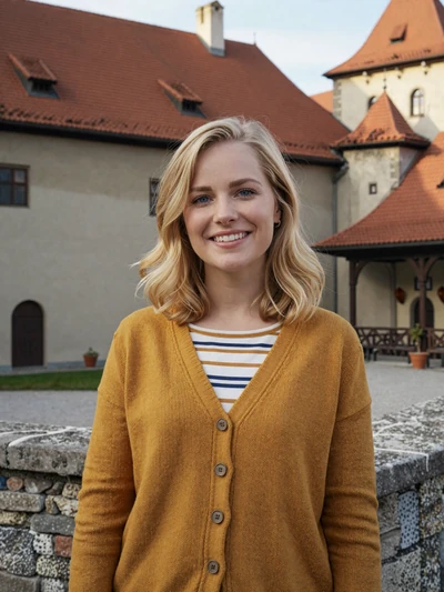 Urška, 24, Slovenian single from Ptuj in mustard cardigan near the oldest Slovenian castle