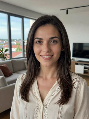 Aleksandra, 27, Macedonian woman from Skopje in a cream blouse with natural light