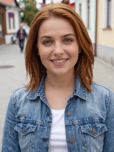 Fata, 24, Bosnian woman from Zenica in denim jacket on city boulevard