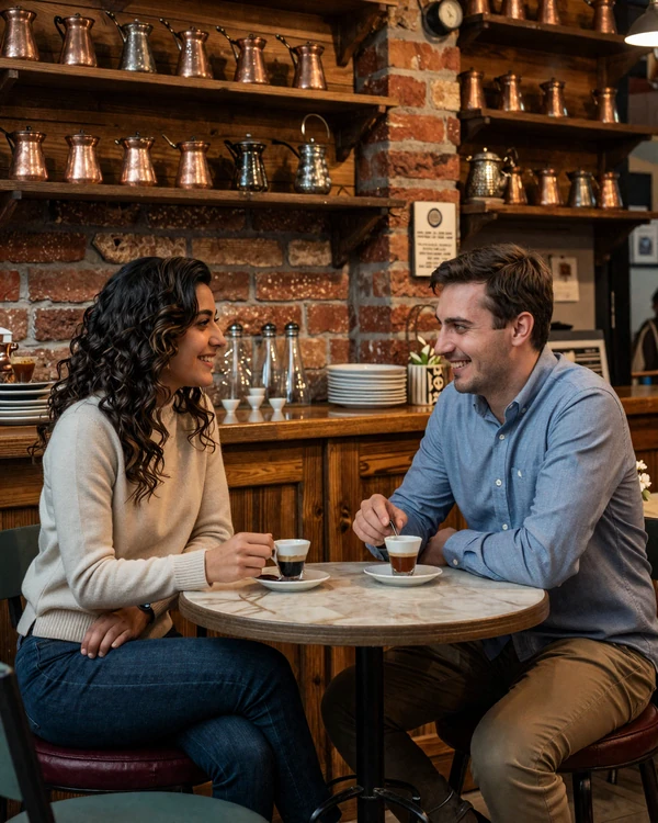 Couple enjoying traditional Balkan coffee in a cozy Mediterranean cafe, representing cultural connection on our dating platform