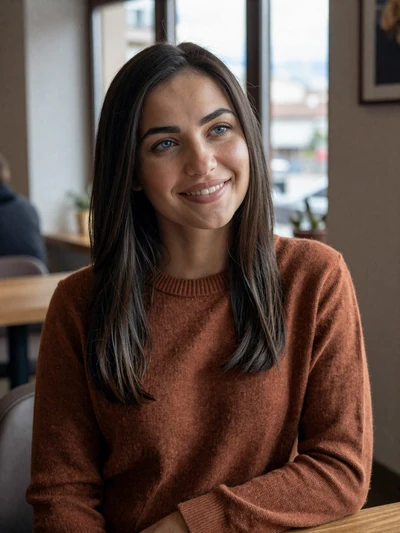 Aleksandra, 27, Montenegrin woman from Podgorica in terracotta sweater at a cozy cafe