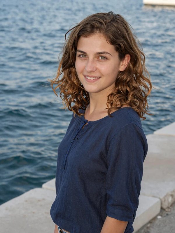 Croatian woman in casual navy top on a Mediterranean promenade representing Croatian singles on our dating platform