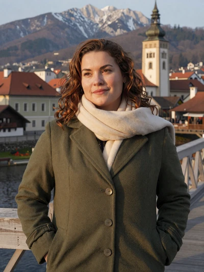 Lara, 31, Slovenian single from Kranj in olive coat with Alpine mountain backdrop